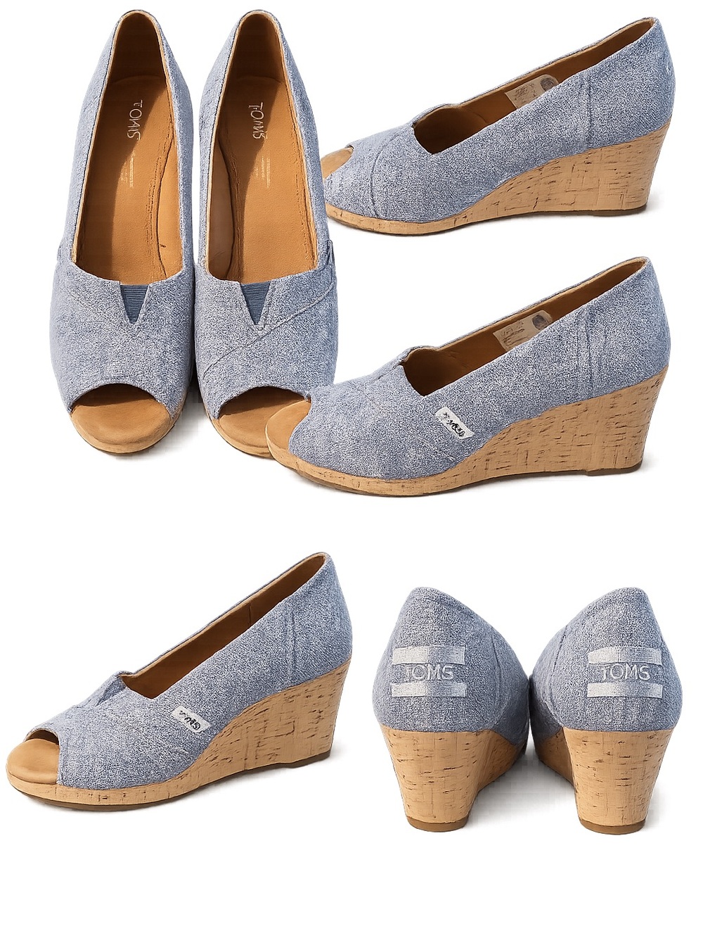 TOMS Light Blue Peep-Toe Cork Wedge Shoes